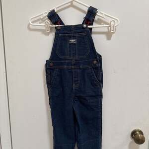 OshKosh B'Gosh Blue Denim Overalls with Red Plaid Flannel Lining, Size 18 Months